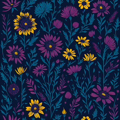 Fototapeta na wymiar A Ditsy pattern on a black background with flowers and leaves, created by Generative AI