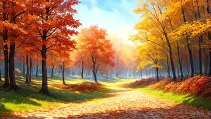 Naklejka na ściany i meble Autumn landscape, digital watercolor painting, Generative AI