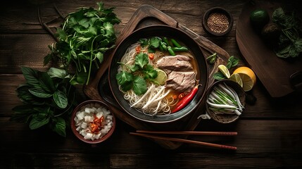 Pho soup: Traditional Vietnamese and Asian noodle soup with fresh herbs and spices with tender chicken strips as Pho Bo soup or with beef as Pho Ga soup. -Generative AI