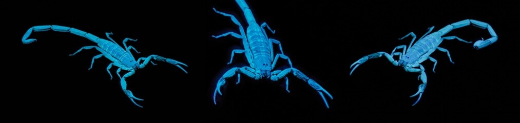Wild adult Hentz Striped bark Scorpion - Centruroides hentzi - UV ultraviolet black light isolated on black background, 3 views