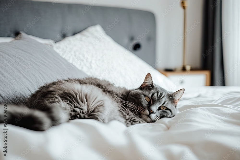 Canvas Prints relaxed cat lounging on a cozy white bed. Generative AI