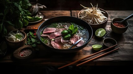 Pho soup: Traditional Vietnamese and Asian noodle soup with fresh herbs and spices with tender chicken strips as Pho Bo soup or with beef as Pho Ga soup. -Generative AI