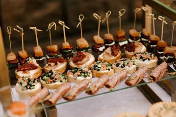 buffet with bruschetta and a beautiful serving of food to treat guests of the event and wedding