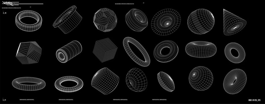 Set of digital trendy 3d wireframe shape perspective element, grids, tech, geometry. Pack of cyberpunk 80's, style design. Vector illustration