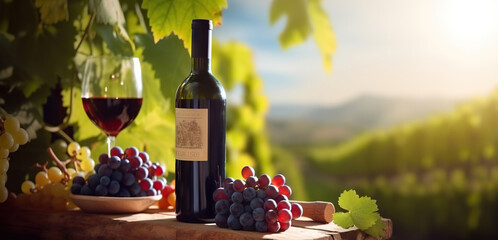 Bottle of excellent wine, a glass of wine and grapes on background of a picturesque vineyard. Copy space. Based on Generative AI - obrazy, fototapety, plakaty