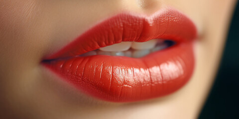 Obraz premium Beautiful red female lips, close-up. Generative AI