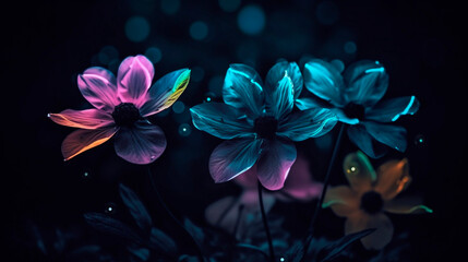 Fototapeta na wymiar Neon flowers at night, transparent petals, under raindrops