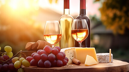 wine by the glass, two bottles of wine and a cheese assortment in the open air