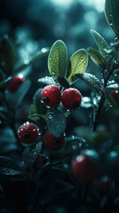 Forest berries, cranberries, lingonberries in dew drops. Created by AI.