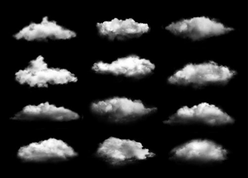 Transparent clouds. Realistic vapor rainclouds isolated on black background, night mist clouding symbols
