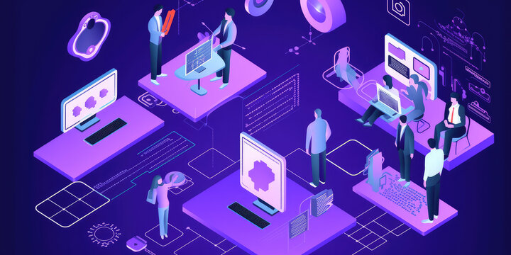 Isometric Vector Illustration of People Engaging in Activities on Purple Background - Generative AI