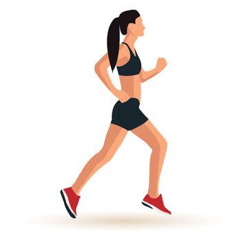 A faceless girl in shorts and a tank top is running. Isolated object on a white background. Vector image