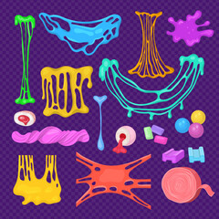 Slime splashes. Cartoon gum delicious sticky bubblegum or slime recent vector templates