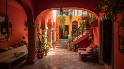 Fototapeta na wymiar illustration, mexican traditional living room interior, ai generative