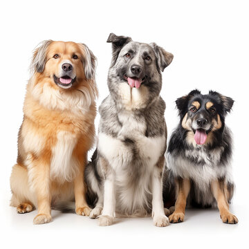 Three cute dogs of different breeds together, isolated on white, close-up, lovely pets, ai generative
