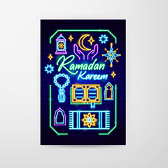 Ramadan Kareem Neon Flyer. Vector Illustration of Religion Arabian Glowing Concept.