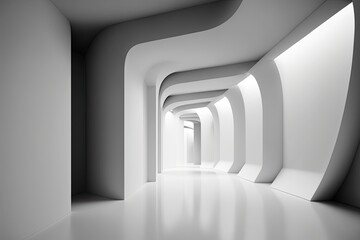 Minimalist White Hallway with Clean Lines and Geometric Shapes. Generative AI