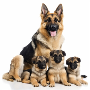 Dog breed german shepherd with puppies isolated on white background close-up, great pet, cute animals, ai generative