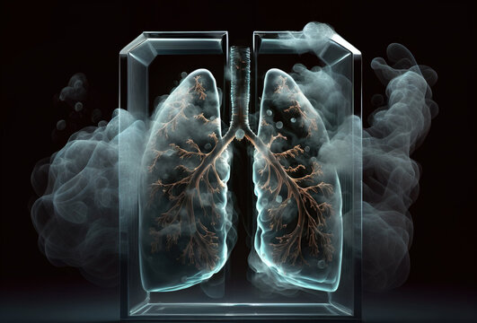 Human lungs in puffs of smoke behind glass on a dark background. Generative AI