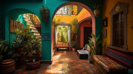 Fotobehang illustration, mexican traditional living room interior, ai generative © Jorge Ferreiro