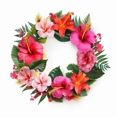 Foto op Plexiglas Nice beautiful multicolor wreath of colorful tropical flowers isolated on white background, ai generative © Dmitry