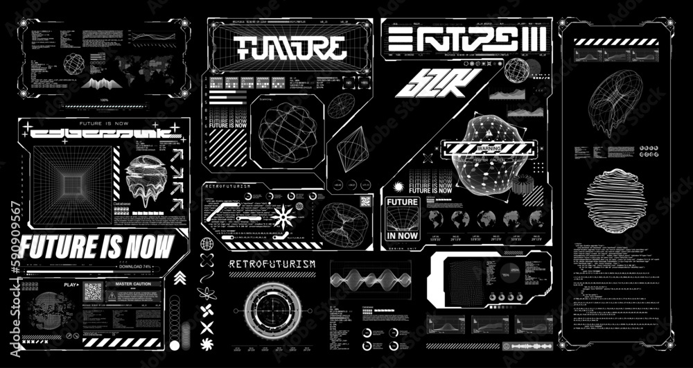 Poster hi-tech retrofuturistic graphic elements. cyberpunk, hud interface, 3d cosmic shapes. futuristic gra