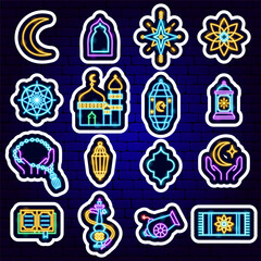Fototapeta na wymiar Ramadan Kareem Neon Stickers. Vector Illustration of Religion Arabian Glowing Concept.