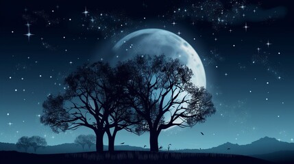illustration, background with tree and stars in the moonlight, ai generative