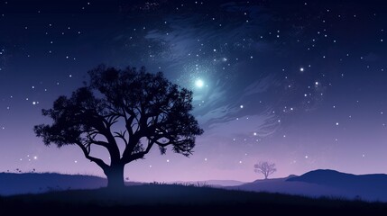 Naklejka na ściany i meble illustration, background with tree and stars in the moonlight, ai generative