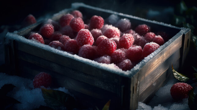 Wild berries in a box, frozen raspberries with leaves in ice cubes. Macro plan. Created by AI.