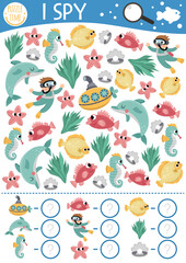Under the sea I spy game for kids. Searching and counting activity with fish, diver, submarine, starfish, dolphin. Ocean life printable worksheet for preschool children. Simple water spotting puzzle.