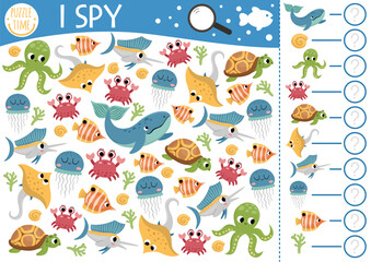 Under the sea I spy game for kids. Searching and counting activity with fish, whale, octopus, crab, turtle, jellyfish. Ocean life printable worksheet for preschool children. Simple water spot puzzle