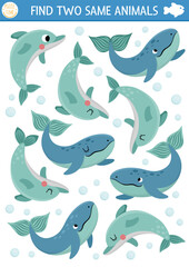 Find two same water animals. Under the sea matching activity for children. Ocean life educational quiz worksheet for kids for attention skills. Simple printable game with cute whales and dolphins.