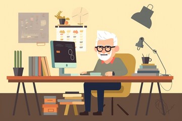 cartoon illustration, an old man sitting in his home office looking at his computer, ai generative