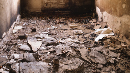 The floor, the interior, of an abandoned ruined old building