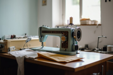 Sewing machine and equipment on table in dressmaking workshop  Generative AI