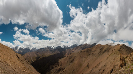 A panoramic view from the mountain saddle of Aktash to the peaks of Altai. In Kyrgyzstan.