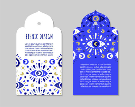 Turkish evil eye symbol tags. Protection from the spoilage signs. Oriental tag curly shaped design. Ethnic arabian ornamental label. Asian brochure template. Eastern style EPS 10 vector illustration
