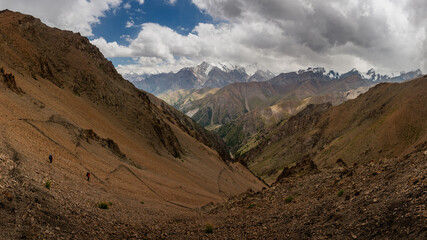 A panoramic view from the mountain saddle of Aktash to the peaks of Altai. In Kyrgyzstan.