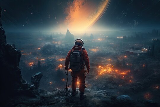 Astronaut on a fantasy lanscape, ai generative