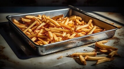 Crispy fries - the perfect fast food side dish for a juicy burger or currywurst with ketchup or mayonnaise. It's just as good in the oven or deep fryer as it is in a snack bar. - Generative AI