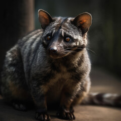 civet cat or luwak cat sniffing coffee beans. Sumatra coffee beans. Generative AI