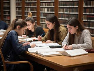 Fototapeta na wymiar Female Students Studying at the Library | Generative AI