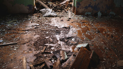 The floor, the interior, of an abandoned ruined old building