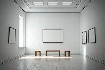 an empty room with three blank frames on the wall. Generative AI