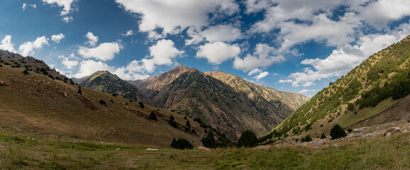 A beautiful camping meadow below the Aktash mountain pass on a trek in the Turkestan Mountains of Kyrgyzstan.