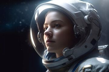 Woman astronaut in space suit closeup, fictitious person. AI generated image