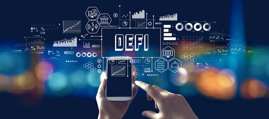 DeFi - Decentralized Finance theme with person using a smartphone in a city at night