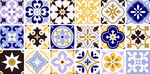 Traditional spanish ceramic floor tiles. Portuguese motifs, lisbon colors tile. Kitchen mosaic, colorful decorations pattern, racy vector design