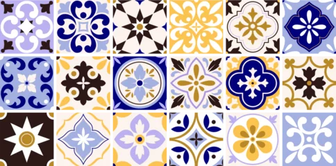 Tapeten Traditional spanish ceramic floor tiles. Portuguese motifs, lisbon colors tile. Kitchen mosaic, colorful decorations pattern, racy vector design © LadadikArt